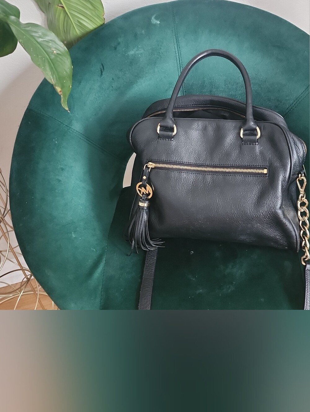 Michael Kors Black Leather Shoulder Satchel with Gold Hardware